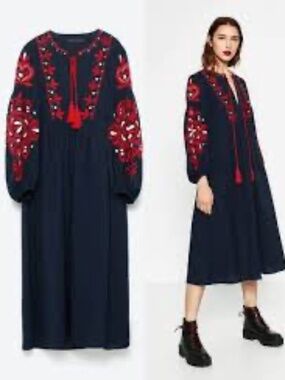 ZARA Embroidered Midi Dress / Navy/ NWT / SIZE SMALL